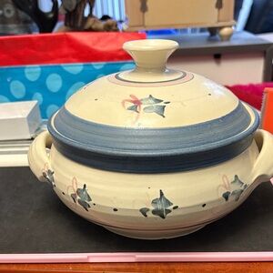 Artisan Vintage Signed Ceramic Lidded Pot with Blue and Pink Details